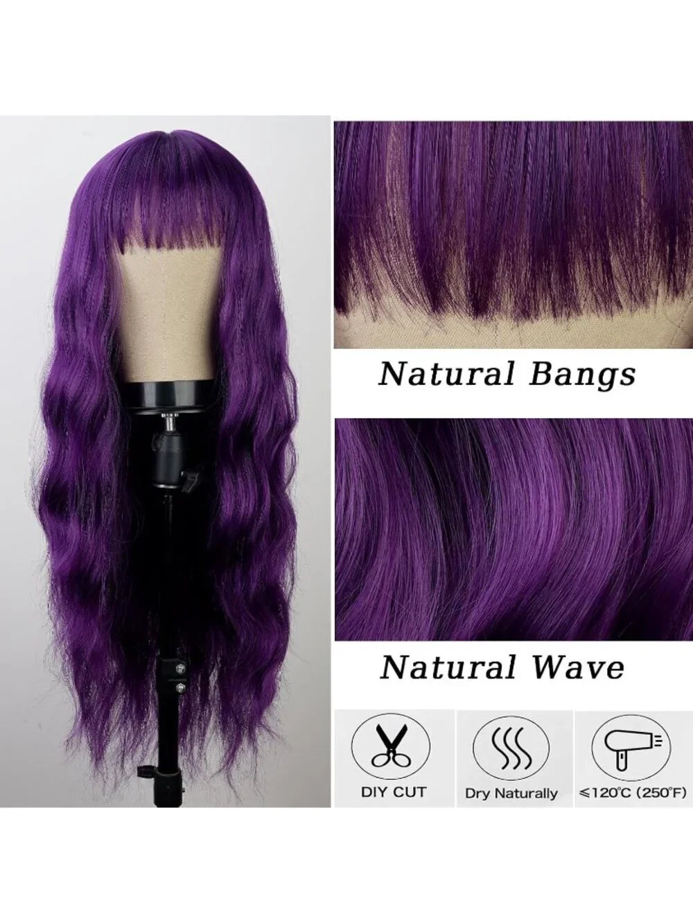 Women's Dark Purple 26 Inch Natural Looking Synthetic Fiber Long Wavy Wigs Bangs
